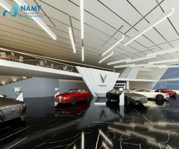 Đá nung kết đen tia chớp được ứng dung cho hạng mục sàn của showroom trưng bày ô tô