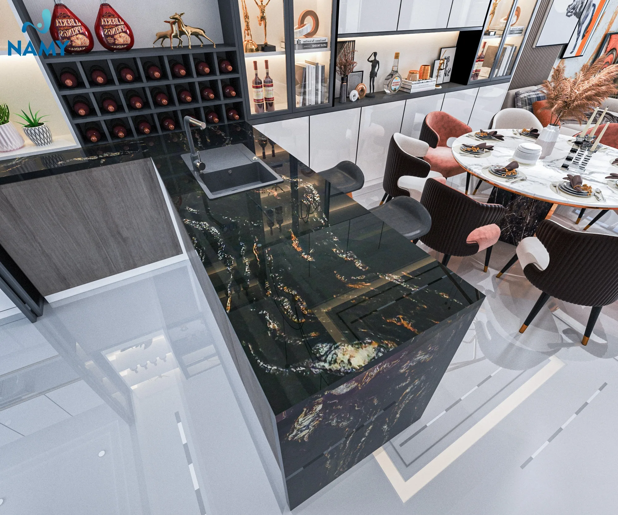 Phối màu gạch ốp bếp theo tone trắng - đen 