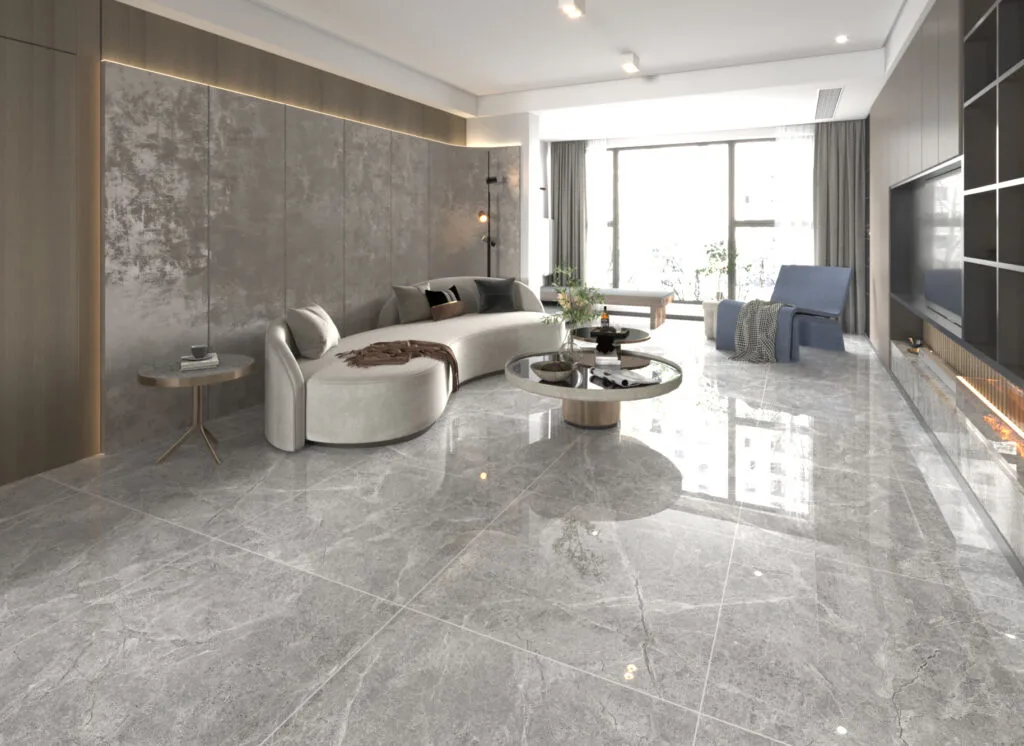 Gạch xám vân đá ốp phòng khách
