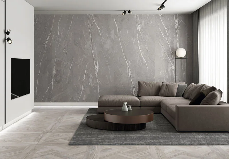 Gạch xám vân đá ốp tường phòng ngủ