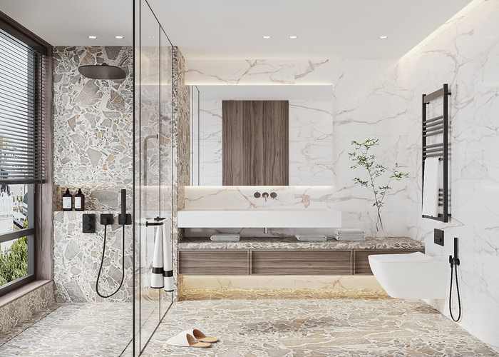 Mẫu gạch phòng tắm đẹp men bóng hiện đại Rust Saturio