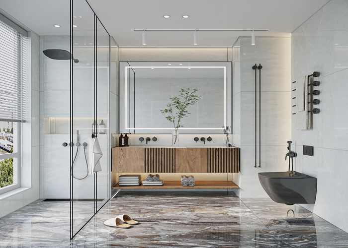 Ốp lát phòng tắm với 2 mẫu gạch Pulpis Perl+Cloudy Grey sở hữu không gian phòng tắm ấn tượng