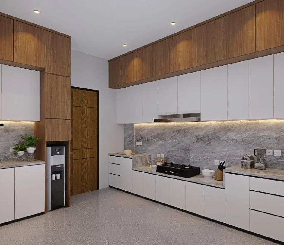 Phối màu gạch ốp bếp với tone trắng và xám là chủ đạo