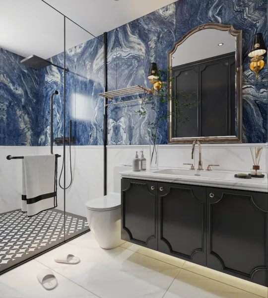 Ốp lát full nhà vệ sinh bằng đá nung kết màu xanh sang trọng, cá tính 