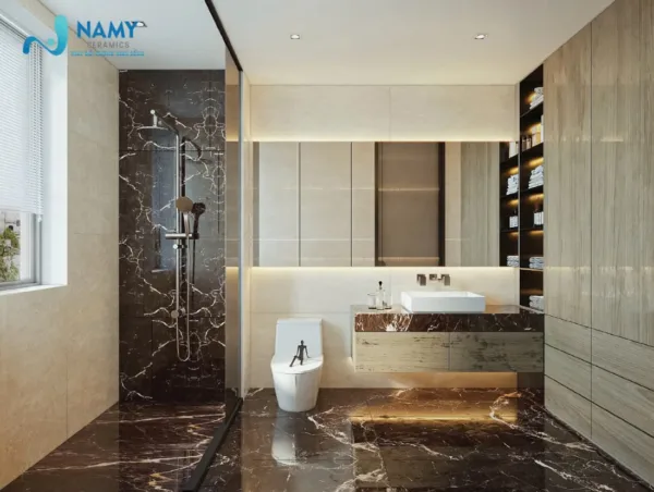 Gạch vân đá Marble của Namy được dùng ốp tường khu vực nhà vệ sinh
