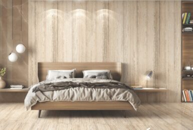 Mẫu đá Travetine 800x2400 giả vân gỗ dùng ốp phòng ngủ ấm cúng