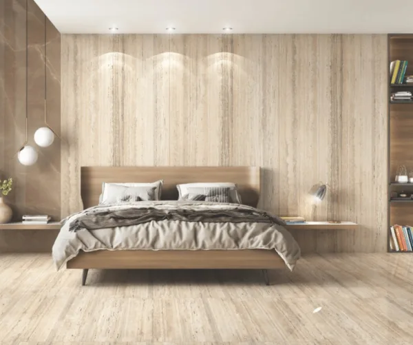 Mẫu đá Travetine 800x2400 giả vân gỗ dùng ốp phòng ngủ ấm cúng