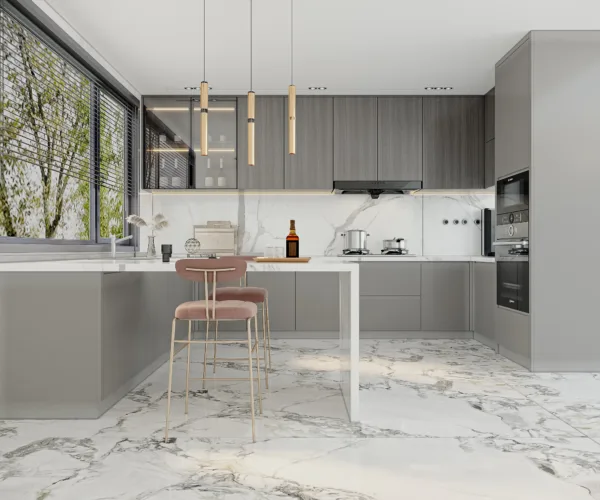 Gạch khổ lớn tại Namy không chỉ dùng ốp tường mà còn có thể lát sàn khu vực bếp 