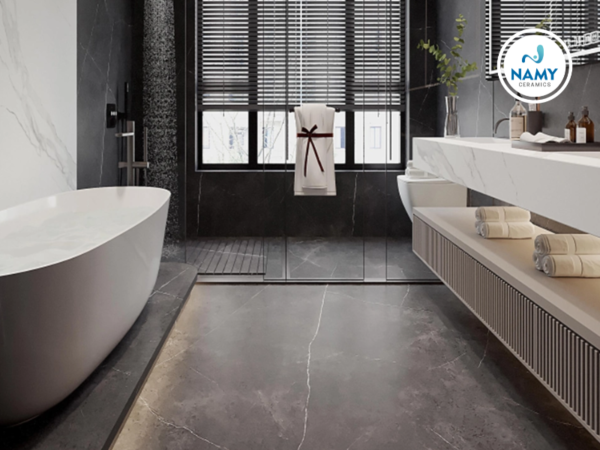 Đá nung kết men matt màu xám rất được ưa chuộng để ốp khu vực nhà vệ sinh