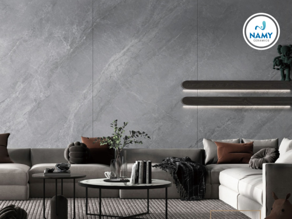 Đá nung kết màu xám men nhám khổ lớn dùng trong ốp trang trí