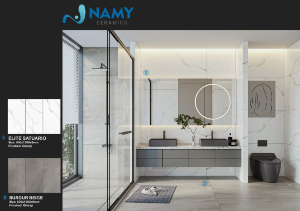 Mẫu gạch ốp nhà tắm màu xám Burdur Beige mang sắc thái điển hình của không gian hiện đại, có nét cổ điển