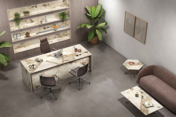 Không gian mở rộng nhờ vào hiệu ứng gạch khổ lớn màu xám 